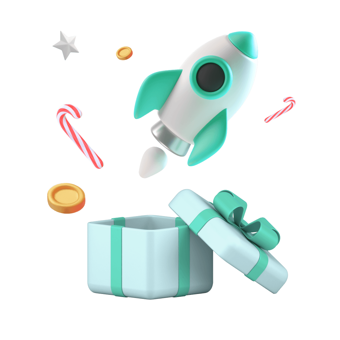 3D Illustration eines Geschenkes, aus dem mehrere Gegenstände wie eine Rakete und goldene Münzen herausspringen.