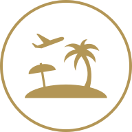 Kleine Insel mit Palme, Sonnenschirm und Flugzeug. Die Grafik wird umschlossen von einem Kreis.