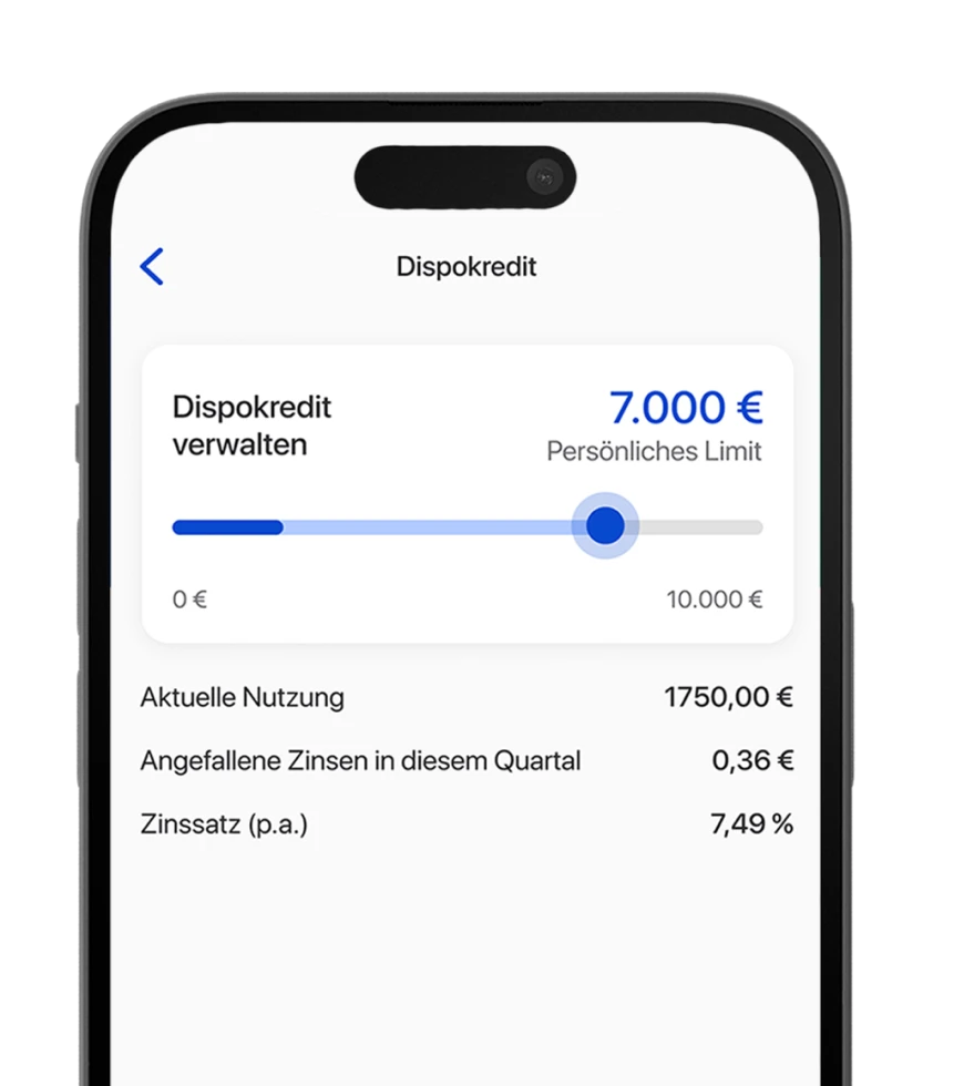 Ein Smartphone zeigt die Einstellungsseite für einen Dispokredit in der C24 Bank App, auf der ein persönliches Limit via Schieberegler festgelegt werden kann.