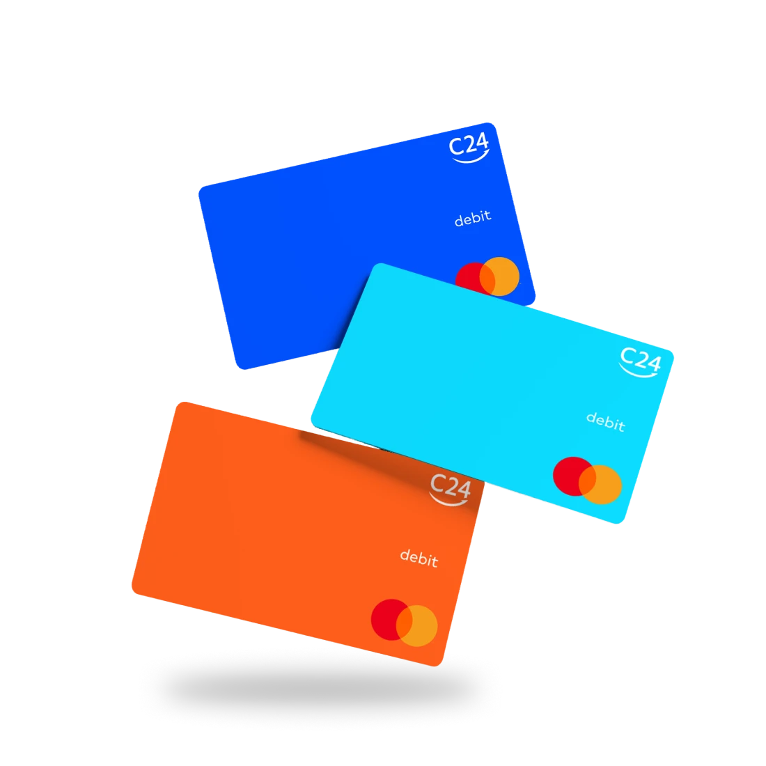 Drei virtuelle Karten in verschiedenen Farben: Dunkelblau, Türkis und Orange.