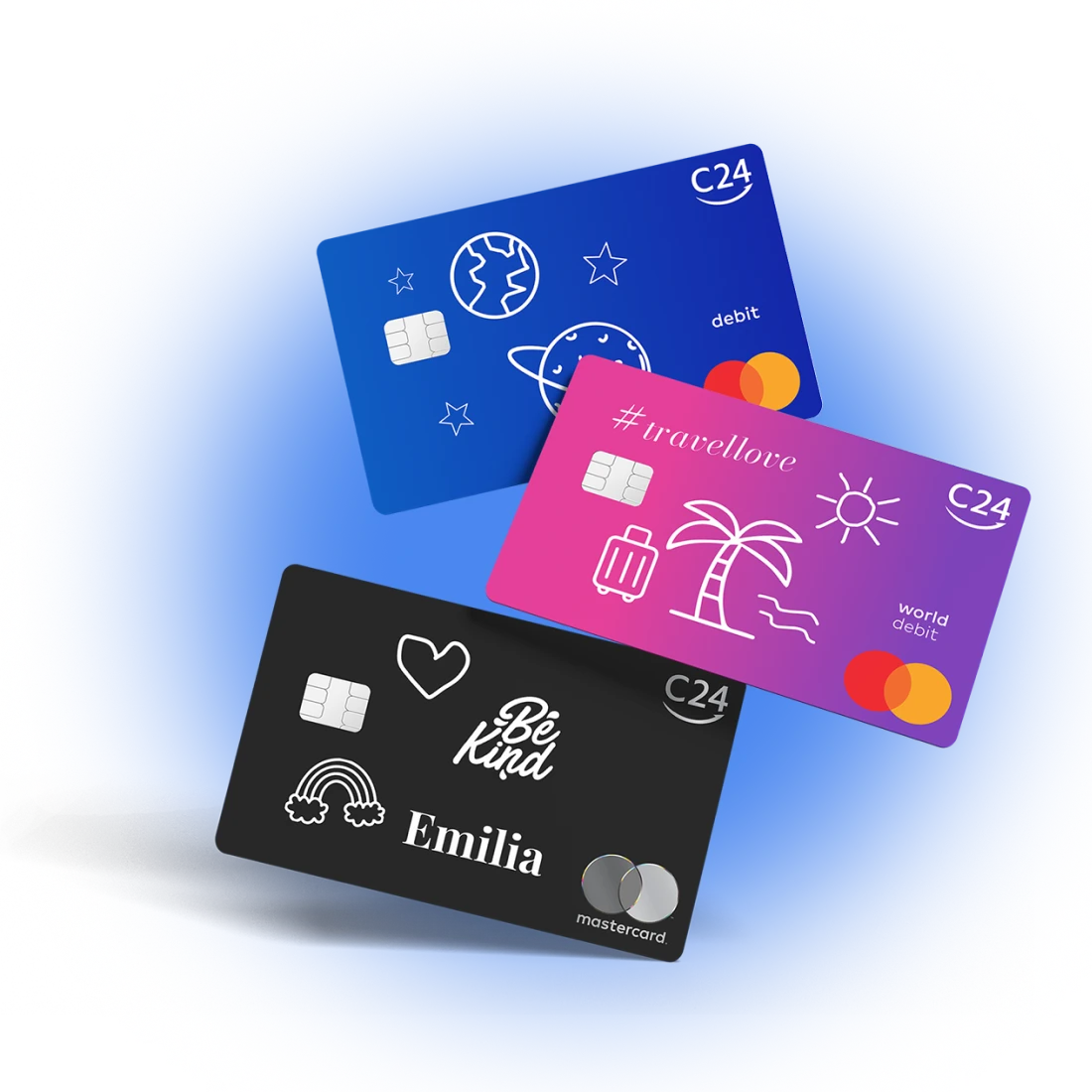 Mehrere schwebende, personalisierte C24 Mastercard Karten mit individuellen Designs aus Stickern, Zeichnungen und persönlichem Text.