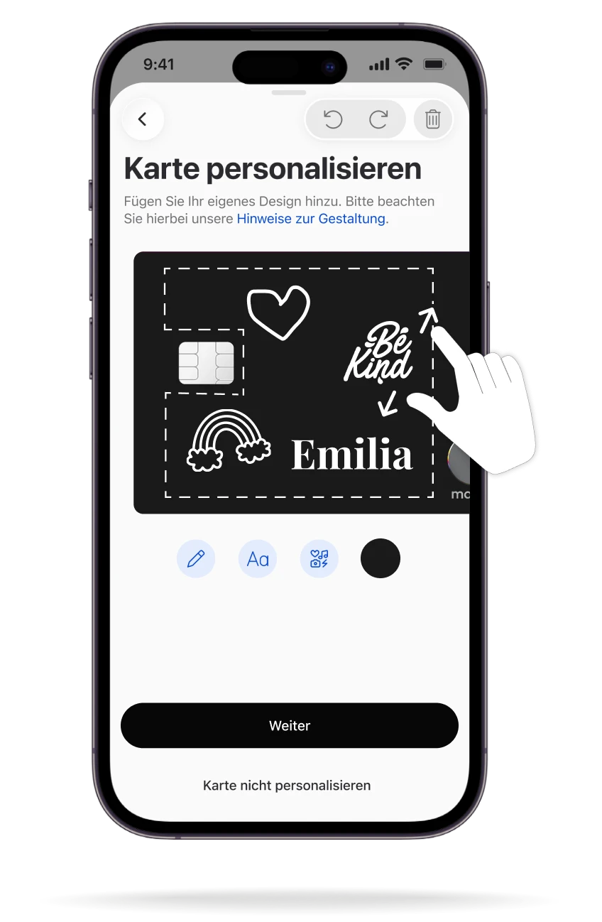 Ein Smartphone zeigt den In-App-Editor der C24 Bank App, in dem eine C24 Mastercard mit Stickern, Text und Zeichnungen personalisiert wird.