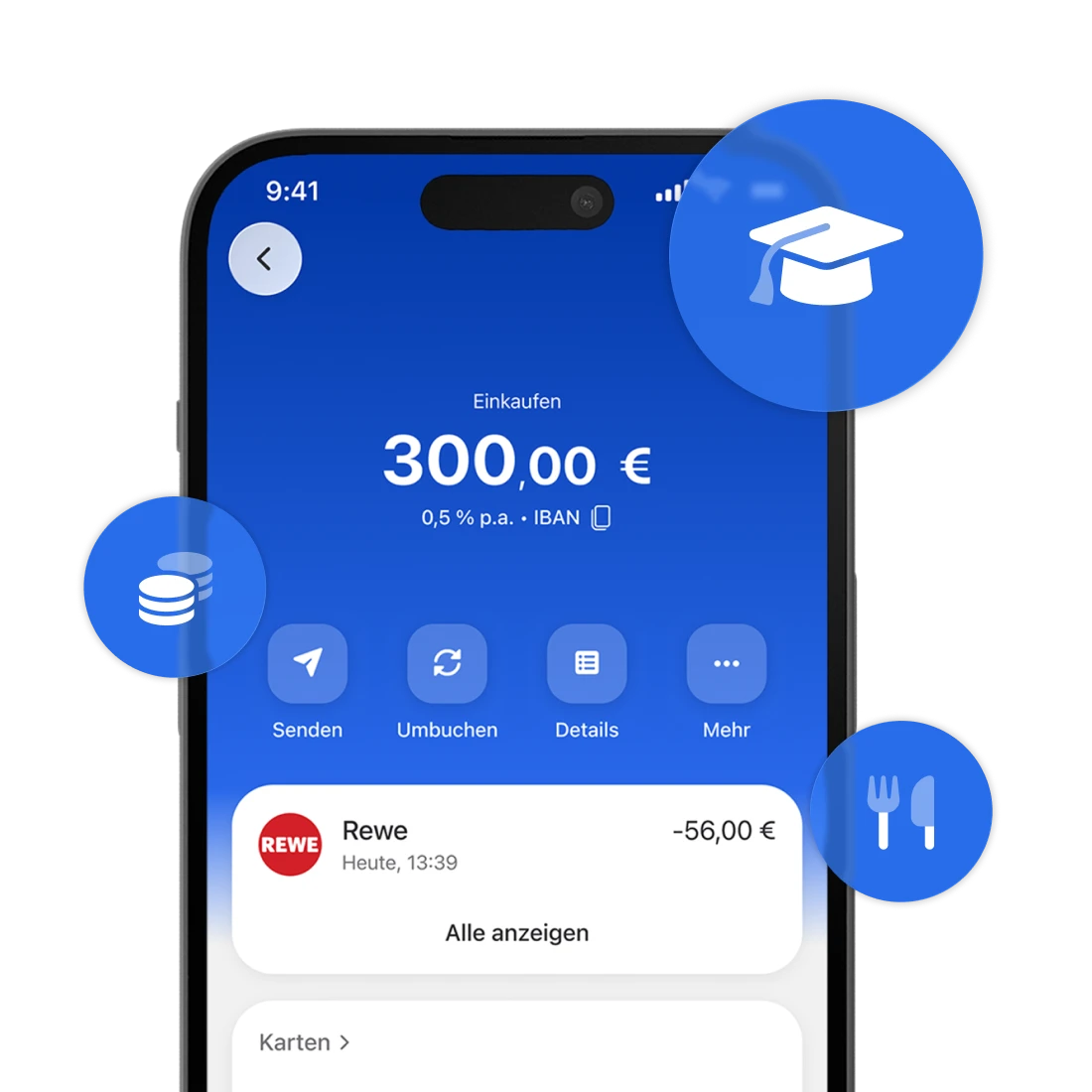 Ein Smartphone zeigt die Startseite der C24 Bank App, auf welcher der Gesamtkontostand und weitere Funktionen angezeigt werden.