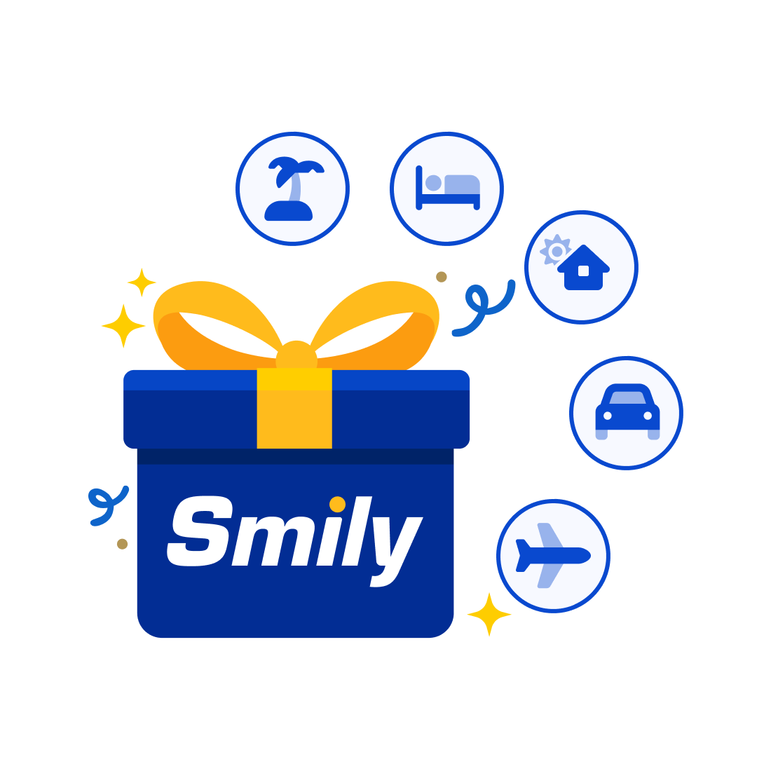 Illustration eines Geschenkes mit Symbolen wie einer Insel, Auto und Flugzeug.